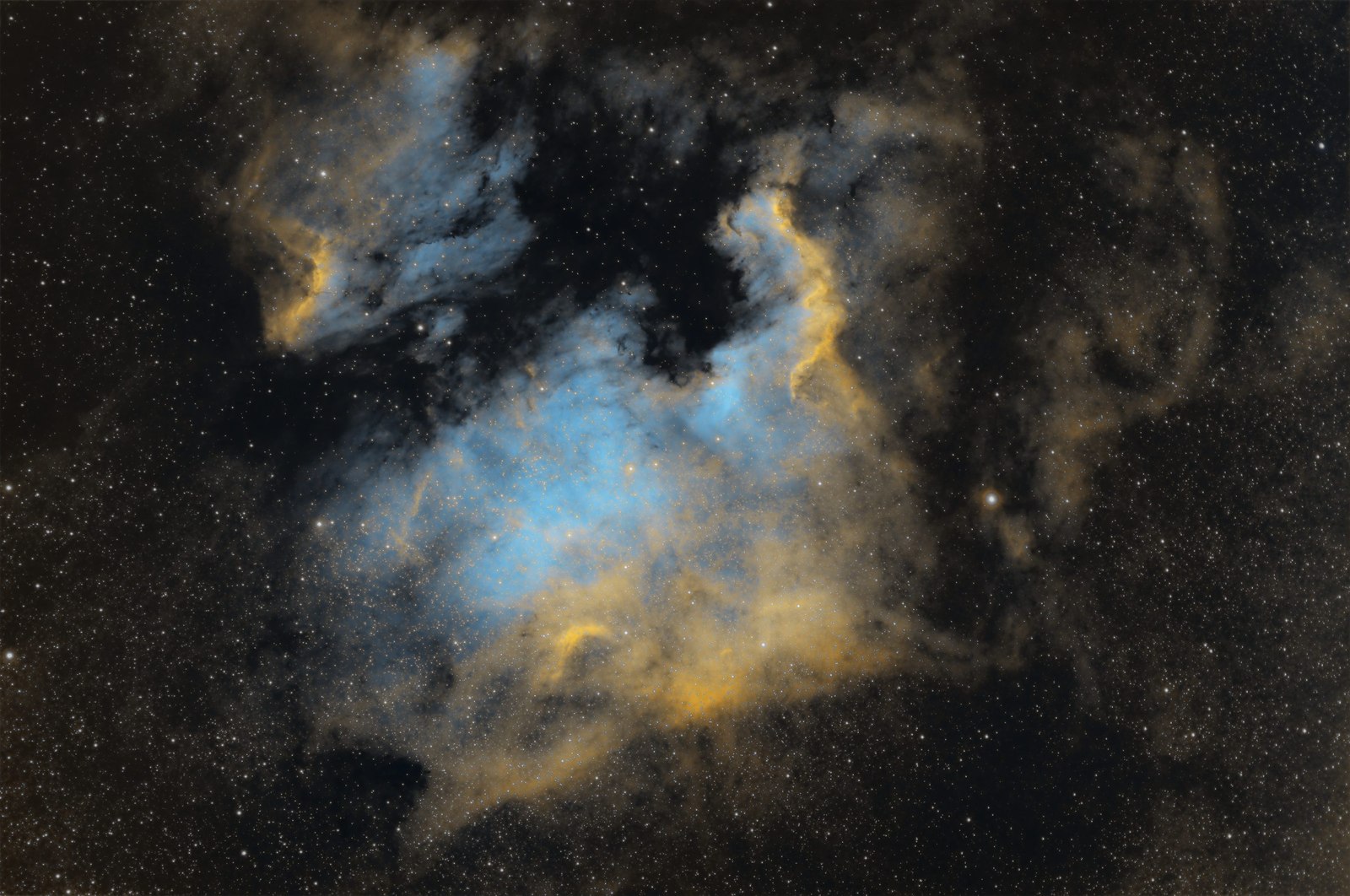 NGC 7000 after Astroveris: nebula with blue clouds and amber gold edges, small neutral stars