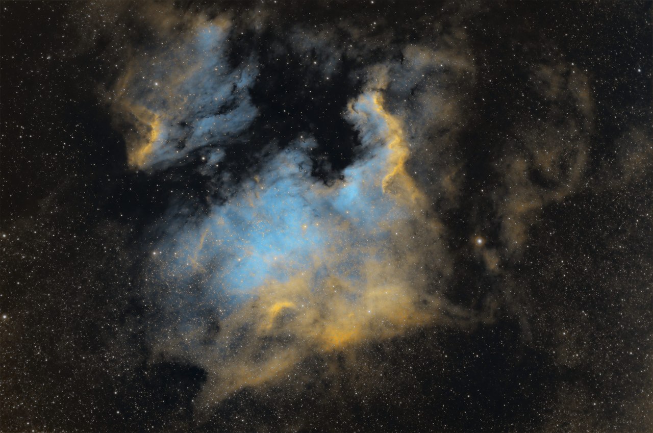 North America Nebula, NGC 7000, SHO palette: blue clouds and golden edges on a starry background