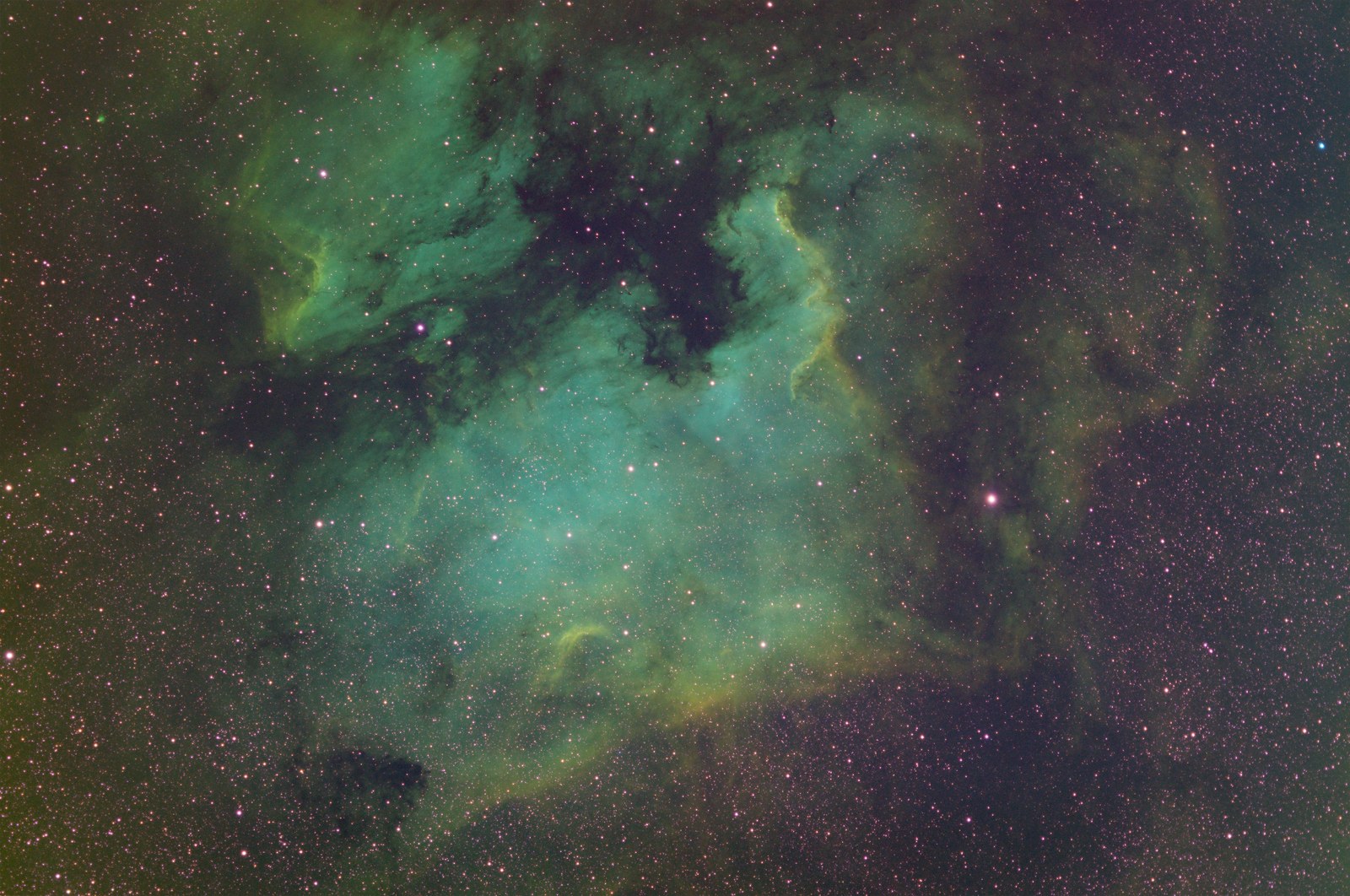 NGC 7000 before: integrated channels with an automatic stretch, green-cyan nebula and dense coloured stars
